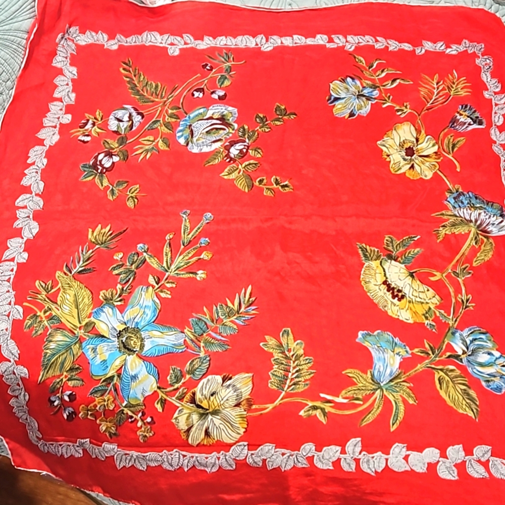 Gorgeous vintage floral scarf red flowers blue and yellows retro 1960s EUC